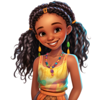 carino poco nero afroamericano ragazza capelli treccia, ridendo espressione, nero capelli treccia, giallo vestire, tribale ornamento acquerello clipart ai generativo png
