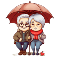 Chibi elderly old couple grandma-grandpa seated under red umbrella to protect from rain, digital clipart AI Generated png