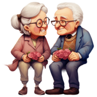 chibi anziano vecchio coppia nonna nonno Tenere fiore rosa nel mani e sorridente a insieme posti a sedere su un' panca, digitale clipart ai generato png