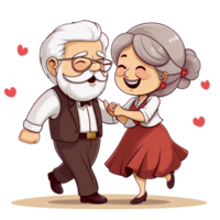 chibi ouderen oud paar grootmoeder grootvader glimlachen en Holding hand- en staand samen, Valentijn senior digitaal clip art ai gegenereerd png