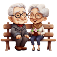 Chibi elderly old couple grandma-grandpa seated on wooden bench together and smiling, digital clipart AI Generated png