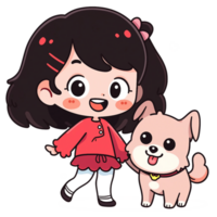 een schattig weinig meisje met haar hond spelen, chibi meisje digitaal clip art, meisje en hond op zoek naar camera ai gegenereerd png