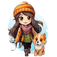 A cute little girl with her dog playing, chibi girl digital clipart, cozy attire girl with her dog walking toward front AI generated png