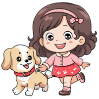 een schattig weinig meisje met haar hond spelen, chibi meisje digitaal clip art, gelukkig en meisje met hond wandelen ai gegenereerd png