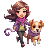 A cute little girl with her dog playing, chibi girl digital clipart, girl and dog walking toward front  AI generated png