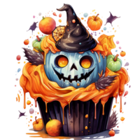 Halloween cup cake with blue scary pumpkin and witch hat watercolor digital clipart AI generated png