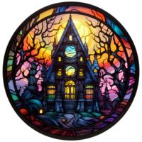 Stained glass halloween haunted house round illustration clipart, gothic dark night, haunted tree, yellow and colorful night AI Generated png