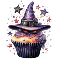 Halloween cup cake with orange scary pumpkin on top  wearing witch hat watercolor digital clipart AI generated png