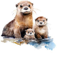 lontra mamma e famiglia di 3 lontra guardare a telecamera, acquerello digitale clipart ai generato png