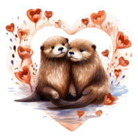 dos linda nutria Pareja dentro corazón floral forma, acuarela clipart ai generado png