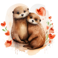 Two otter couple with heart sign and flower, watercolor digital clipart AI generated png