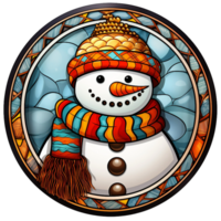 Stained glass Christmas snowman with slouchy hat round digital illustration AI generated png