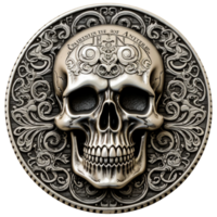 Vintage Gothic Skull Coin, Distressed Metal Illustration AI Generated png
