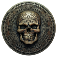 antiguo gótico cráneo en afligido metal moneda, Clásico obra de arte ai generado png