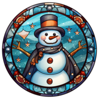 Stained glass Christmas snowman with gentle man hat round digital illustration, AI generated png