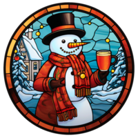 gebrandschilderd glas Kerstmis sneeuwman houden wijn ronde digitaal illustratie, winter tafereel ai gegenereerd png