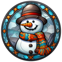 Stained glass Christmas snowman round digital illustration, blue yellow diamond glass texture AI generated png