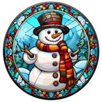 Stained glass Christmas snowman with winter landscape and holy leaf round digital illustration AI generated png