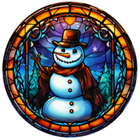 Stained glass Christmas snowman round digital illustration, shiny red yellow gradient frame, christmas tree AI generated png