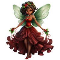 majestuoso negro pequeño niña Navidad hada, verde ala y borgoña color largo vestir - festivo capricho clipart ai generado png