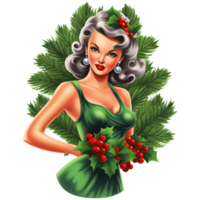 Vintage Christmas pinup girl  with green vibrant dress , pine tree and holy leaf isolated clipart illustration AI generated png