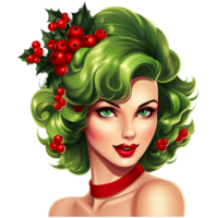 Jahrgang Weihnachten Aufstecken Mädchen Gesicht mit Grün Haar und heilig Blatt isoliert Clip Art Illustration ai generiert png