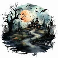 spooky halloween landscape night scene, haunted house and castle, bat,tree, dark and gothic, Countryside watercolor landscape illustration AI generated photo