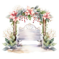 Floral bench illustration isolated, frame with flowers in arc shape and a bench is positioned middle of the floral pillar AI generated png