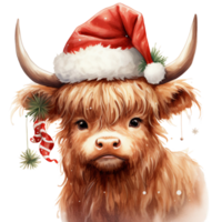 schattig hoogland koe met Kerstmis de kerstman claus hoed waterverf clip art geïsoleerd ai gegenereerd png