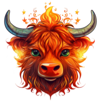 Highland cow fire effect illustration isolated AI generated png