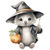 Cute koala wearing witch hat and pumpkin halloween watercolor illustration isolated AI generated png