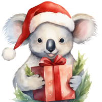 Cute koala with Christmas gift box and Santa Claus hat watercolor illustration isolated AI generated png