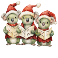 Three Cute koala  wearing Christmas Santa Claus dress performing Christmas event, watercolor illustration isolated AI generated png