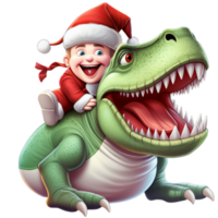 Christmas little cute boy wear santa claus dress ride with  a green T rex Dinosaur isolated AI generated png
