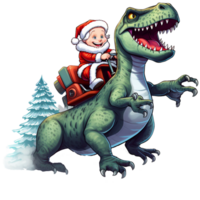 Weihnachten wenig Santa claus auf ein Reiten mit ein Grün t rex Dinosaurier isoliert ai generiert png