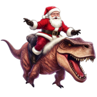 Happy Christmas Santa Claus on a ride with T rex Dinosaur isolated AI generated png