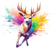 rainbow colored cute deer in the style of running speed coming out from rainbow color splash watercolor isolated AI generated png