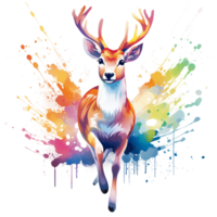 spring deer illustration clipart with rainbow colorful water splash in the background isolated AI generated png