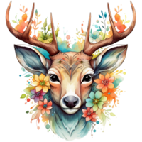 deer head with flowers watercolor isolated AI generated png