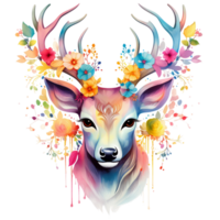 vår rådjur huvud med regnbåge hornr och färgrik blommor vattenfärg illustration isolerat ai genererad png