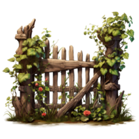 wooden fence gate covered with green leaves isolated AI generated png