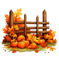 wooden fence with autumn fall pumpkin and leaves, orange and yellow, isolated AI generated png