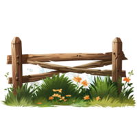 wooden fence with flowers and green tall grass isolated AI generated png