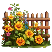 hölzern Zaun mit Sonnenblumen und andere Blumen- Stimmung isoliert ai generiert png