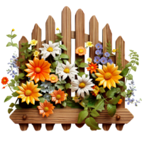 wooden fence covered with colorful flowers in a sunny day isolated AI generated png