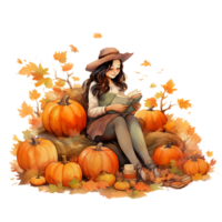 outono outono menina lendo livro em uma cadeira cercado de brilhante abóboras aguarela ilustração isolado, ai gerado png