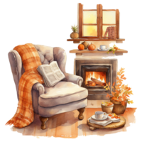 Autumn, fall cozy reading nooks  with book on chair and wooden oven with a window and pumpkins watercolor clipart AI generated png