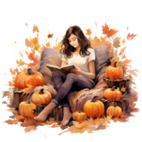 Autumn fall girl reading  on cozy chair surrounded by pumpkins watercolor illustration isolated, AI generated png