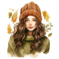höst falla mode flicka vattenfärg ClipArt med grön mysigt klänning och slarvigt vinter- hatt i brun Färg, svart hår, isolerat ai genererad png