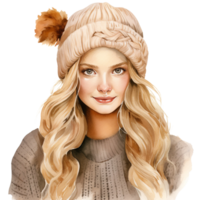 Herbst fallen Mode Frau mit Winter Hut und gemütlich Kleid, Porträt Aquarell Clip Art isoliert ai generiert png